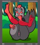  2021 absurd_res anthro bedroom_eyes blush bodily_fluids canid canine clitoris digital_media_(artwork) exhibitionism feet female fluffy fluffy_tail forest forest_background fox genital_fluids genitals hand_on_leg hand_on_thigh hi_res holding_thigh legs_up looking_at_viewer lunaris_parukia mammal narrowed_eyes nature nature_background nintendo nude outside plant pok&eacute;mon pok&eacute;mon_(species) pok&eacute;morph pussy pussy_juice reclining seductive solo text tree url video_games zorua 
