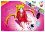  1girl accident bangs bishoujo_senshi_sailor_moon black_cat blonde_hair blue_eyes cat crescent_necklace doll double_bun from_above highres holding holding_pen ink lamp letter logo long_hair long_sleeves luna_(sailor_moon) no_shoes non-web_source official_art paw_print pen red_sweater sitting solo spill stuffed_animal stuffed_toy sweater teddy_bear tsukino_usagi twintails very_long_hair wariza 