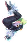  1boy 302 ankle_cuffs ascot ass biker_clothes black_gloves bound cuffs earrings gloves green_hair half_gloves handcuffs highres jewelry lio_fotia male_focus otoko_no_ko promare purple_eyes red_eyes short_hair tied_up_(nonsexual) 