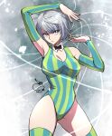  1girl 302 bow bowtie breasts cleavage detached_collar detached_sleeves grey_eyes highres karakuri_circus leotard long_hair shirogane_(karakuri_circus) short_hair silver_hair solo string striped striped_leotard thighhighs 