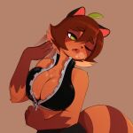  absurd_res anthro big_breasts bodily_fluids breasts breath_cloud canid canine cleavage clothed clothing fangs fanning fanning_self female fur green_eyes hi_res leaf mammal pudgeruffian raccoon_dog solo steam suki_(dvampiresmile) sweat tan_body tan_fur tanuki topwear unzipping 