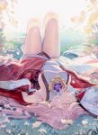  1girl absurdres bare_legs barefoot breasts closed_eyes flower genshin_impact grass highres japanese_clothes ji_yue knees_up large_breasts long_hair lying on_back outdoors pink_hair sideboob sleeping smile solo upside-down wide_sleeves yae_miko 