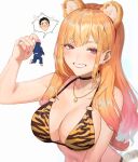  1boy 1girl animal_ears animal_print bikini blonde_hair blush breasts cleavage commentary ear_piercing emknov english_commentary eyebrows_visible_through_hair gojou_wakana gradient_hair grin head_steam highres holding_person jewelry kemonomimi_mode kitagawa_marin lips long_hair looking_at_viewer medium_breasts miniboy multicolored_hair nail_polish navel o-ring o-ring_bikini piercing pink_hair pink_nails print_bikini red_eyes ring sidelocks simple_background smile solo_focus sono_bisque_doll_wa_koi_wo_suru spoken_character swimsuit tail tiger_ears tiger_print tiger_tail twitter_username two-tone_hair upper_body white_background 