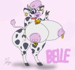  animal_print anthro big_breasts big_butt big_nipples bovid bovine breasts butt cattle collar cow_print cowbell ear_piercing female fingers genitals gesture hooved_fingers hooves horn huge_breasts huge_butt hyper hyper_breasts mammal nipple_piercing nipples one_eye_closed piercing purple_eyes purple_tongue pussy solo thick_thighs tongue v_sign wide_hips wink 