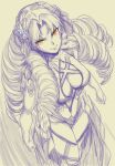  1girl aoba_(smartbeat) astraea_(fate) astraea_(festival_outfit)_(fate) big_hair breasts cleavage clenched_hands drill_hair fate/grand_order fate_(series) flower greyscale hair_flower hair_ornament highres large_breasts long_hair looking_at_viewer monochrome quad_drills smile solo spot_color very_long_hair yellow_eyes 