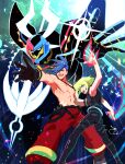  2boys 302 anime_coloring armor ascot bare_shoulders black_gloves blue_eyes blue_hair fire galo_thymos gloves green_fire green_hair highres lio_fotia mad_burnish male_focus multiple_boys no_gloves promare purple_eyes purple_fire pyrokinesis spiked_hair topless_male vest 
