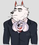  anthro any_dragonn arctic_wolf bow_tie buster_moon canid canine canis clothed clothing duo fully_clothed fully_clothed_male happy hi_res illumination_entertainment jimmy_crystal koala male mammal marsupial sing_(movie) suit topwear unamused vombatiform wolf 