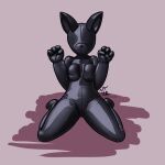  anthro breast_squish breasts canid canine clothed clothing faceless female fox front_view hi_res kneeling latex mammal mask medium_breasts neatnick rubber rubber_clothing rubber_suit solo squish thick_thighs 