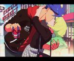  1990s_(style) 2boys 302 anime_coloring arms_around_neck bag blue_eyes blue_hair can earrings galo_thymos green_hair handbag holding holding_can hood hoodie jewelry kiss letterboxed lio_fotia multiple_boys otoko_no_ko outdoors promare retro_artstyle short_hair yaoi 