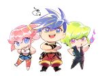  1girl 2boys 302 aina_ardebit ascot blue_eyes blue_hair chibi fire galo_thymos gloves green_fire green_hair lio_fotia male_focus midriff multiple_boys pink_hair promare purple_eyes purple_fire pyrokinesis side_ponytail sidelocks thighhighs topless_male vest 