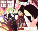  1boy 302 armor ascot biker_clothes black_gloves black_jacket blue_fire fire gloves green_fire green_hair ground_vehicle jacket lio_fotia mad_burnish male_focus motor_vehicle motorcycle promare purple_eyes purple_fire pyrokinesis short_hair solo 