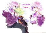  302 arms_behind_back black_gloves black_jacket bound breasts crossover cuffs gloves grabbing_another&#039;s_hair green_hair gridman_universe hairstyle_connection half_gloves handcuffs jacket large_breasts lio_fotia male_focus promare purple_eyes purple_hair purple_jacket shinjou_akane sleeves_past_wrists ssss.gridman tied_up_(nonsexual) 
