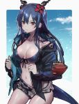  1girl arknights bangs bare_shoulders belt bikini bikini_under_clothes black_bikini black_jacket blue_hair blue_sky border breasts ch&#039;en_(arknights) ch&#039;en_the_holungday_(arknights) cleavage closed_mouth collarbone commentary_request cowboy_shot day dragon_girl dragon_horns dragon_tail eyebrows_visible_through_hair flower front-tie_bikini front-tie_top grey_shorts hair_flower hair_ornament hibiscus highres horns jacket long_hair long_sleeves looking_at_viewer medium_breasts navel off_shoulder open_clothes open_jacket outdoors outside_border red_eyes red_flower short_shorts shorts sky solo swimsuit tail tarutaru_yamaoka v-shaped_eyebrows white_border 