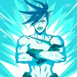  1boy 302 aura blue_theme crossed_arms detached_sleeves eyes_visible_through_hair galo_thymos gloves highres male_focus monochrome muscular muscular_male promare single_detached_sleeve solo spiked_hair 