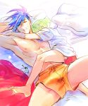  2boys 302 barefoot blue_hair galo_thymos green_hair highres lio_fotia lying_on_person male_focus multiple_boys promare shorts side_bun sleeping spiked_hair topless_male 