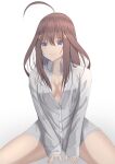 1girl 2022 absurdres ahoge araishi_maro bangs blue_eyes blush breasts cleavage closed_mouth collarbone dress_shirt eyebrows_visible_through_hair feet_out_of_frame go-toubun_no_hanayome hair_between_eyes hair_ornament hands_on_floor highres long_hair looking_at_viewer medium_breasts nakano_itsuki on_floor red_hair shirt solo spread_legs star_(symbol) star_hair_ornament unhappy white_background white_shirt 
