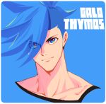  1boy 302 blue_eyes blue_hair blue_theme boots character_name eyes_visible_through_hair galo_thymos male_focus promare sidecut smile solo spiked_hair thigh_boots thighhighs 