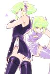  2boys 302 bow cleavage_cutout clothing_cutout crossed_arms gloves green_hair hair_bow highres lio_fotia male_focus multiple_boys multiple_views otoko_no_ko promare purple_eyes side_slit thighhighs 