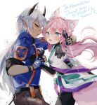  1boy 1girl animal_ears blue_eyes dark-skinned_male dark_skin demon_boy demon_horns demon_tail elf fox_ears fox_girl fox_tail hair_ornament hairclip horns indie_virtual_youtuber looking_at_viewer low_ponytail momochiru pale_skin pink_hair pointy_ears ponytail sleepiijuice sorani_(kaeru0768) tail virtual_youtuber white_hair yellow_eyes 