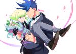  2boys 302 black_gloves blue_hair bouquet bow bowtie carrying formal galo_thymos gloves green_hair husband_and_husband lio_fotia male_focus multiple_boys princess_carry promare purple_eyes sidecut spiked_hair suit vest waistcoat yaoi 