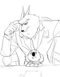  anthro arctic_wolf black_and_white buster_moon canid canine canis chair clothing desk duo eggbear_19 furniture happy illumination_entertainment jimmy_crystal koala male mammal marsupial monochrome necktie simple_background sing_(movie) size_difference suit table thinking vombatiform white_background wolf 