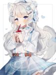  1girl animal_ears blue_eyes blush bubble_tea choker cup dog_ears dog_girl dog_tail dress drinking_straw hair_ornament hairclip hat heart long_sleeves original overall_skirt pale_skin sorani_(kaeru0768) tail white_hair 