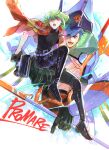  2boys 302 black_gloves black_jacket blue_eyes blue_hair detached_sleeves galo_thymos gloves green_hair gun half_gloves highres jacket leather leather_pants lio_fotia male_focus matoi_tech multiple_boys pants promare purple_eyes single_detached_sleeve spiked_hair topless_male weapon 