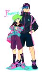  2boys 302 alternate_costume baseball_cap blue_eyes blue_hair blue_sclera colored_sclera colorful copyright_name galo_thymos green_hair hat highres jacket kneehighs lio_fotia multiple_boys neon_palette otoko_no_ko promare purple_eyes shoes shorts sneakers spiked_hair 