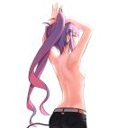  1girl absurdres armpits arms_up artpatient back backlighting bangs bare_back belt black_shorts blunt_bangs breasts commentary ear_piercing from_behind hair_ornament hairclip highres hololive long_hair looking_away piercing purple_hair shorts shoulder_blades simple_background small_breasts solo tail tail_through_clothes tokoyami_towa topless twintails tying_hair very_long_hair virtual_youtuber white_background white_belt yellow_eyes 