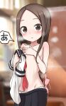  1girl absurdres bangs black_skirt blurry blurry_background blush bra bra_removed breasts brown_eyes brown_hair collarbone commentary covering covering_breasts depth_of_field forehead groin highres karakai_jouzu_no_takagi-san long_hair looking_at_viewer note2000 panties parted_bangs parted_lips pink_bra pleated_skirt shirt shirt_removed skirt small_breasts solo steam takagi-san topless underwear white_panties white_shirt 