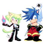  2boys 302 animal_ears animal_nose black_gloves black_jacket blue_eyes blue_fire blue_hair cat_ears cat_tail crossover earrings fire furry furry_male fusion galo_thymos gloves green_hair half_gloves hedgehog_ears hedgehog_tail jacket jewelry lio_fotia male_focus matoi multiple_boys promare purple_eyes purple_fire pyrokinesis sonic_(series) spiked_hair tail topless_male 