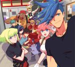  302 aina_ardebit black_shirt blonde_hair blue_eyes blue_hair crossed_arms everyone firefighter galo_thymos green_hair gueira ignis_ex lio_fotia lucia_fex mad_burnish meis_(promare) mouse pink_hair promare purple_eyes remi_puguna shirt sidecut spiked_hair stairs t-shirt vinny_(promare) 