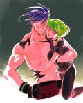  2boys 302 arm_around_back black_gloves black_shirt blue_eyes blue_hair galo_thymos gloves green_hair half_gloves hand_on_hip highres lio_fotia multiple_boys promare purple_eyes shirt size_difference t-shirt topless_male 