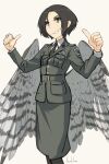  1girl amelia_shaw asterisk_kome bird_tail bird_wings black_hair black_necktie commentary_request green_eyes low_wings military military_jacket military_uniform necktie short_hair signature smile standing tagme tail uniform white_wings winged_fusiliers wings 