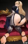  1girl armor ass backless_pants barefoot blonde_hair cape corrin_(fire_emblem) corrin_(fire_emblem)_(female) feet fire_emblem fire_emblem_fates foot_focus hairband long_hair looking_at_viewer nextoad panties pants pointy_ears red_eyes soles underwear 