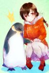  1girl ^^^ alto2019 bird braid brown_hair character_name emperor_penguin highres hood hooded_jacket jacket kantai_collection long_hair looking_at_viewer one-hour_drawing_challenge orange_eyes orange_jacket pantyhose penguin pleated_skirt red_footwear rudder_footwear single_braid skirt souya_(kancolle) squatting white_legwear white_skirt 