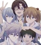  2boys 3girls ayanami_rei blue_eyes blue_hair brown_hair glasses hands highres ikari_shinji majutu_index123 makinami_mari_illustrious multiple_boys multiple_girls nagisa_kaworu neon_genesis_evangelion one_eye_closed rebuild_of_evangelion red_eyes school_uniform souryuu_asuka_langley teeth tokyo-3_middle_school_uniform_(evangelion) v 