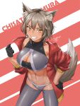  1girl animal_ear_fluff animal_ears bangs bikini black_gloves blush breasts character_name cleavage cleavage_cutout clothing_cutout commentary_request covered_collarbone cowboy_shot fox_ears gloves grey_bikini grey_hair grey_legwear grin groin hair_between_eyes half_gloves hand_on_hip hand_up highres jacket large_breasts leggings looking_at_viewer midriff navel nawoto_oota off_shoulder original red_background red_jacket short_hair sidelocks signature skindentation sleeves_rolled_up smile solo sports_bikini standing swimsuit tail teeth thick_eyebrows two-tone_background white_background wolf_ears wolf_girl wolf_tail yellow_eyes 