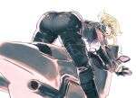  1boy 302 ascot ass bent_over black_jacket blurry depth_of_field gloves green_hair ground_vehicle jacket leaning_forward lio_fotia male_focus motor_vehicle motorcycle promare purple_eyes solo 