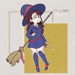  1girl artist_name bangs belt blunt_bangs broom brown_hair dress full_body hat highres holding holding_broom kagari_atsuko little_witch_academia long_hair long_sleeves luna_nova_school_uniform pumpkinspice7500 purple_dress red_eyes school_uniform smile solo tied_hair trigger_(company) wand witch witch_hat 