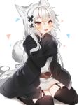  1girl animal_ears blush dog_ears dog_girl dog_tail dress garter_straps long_sleeves looking_at_viewer original oversized_clothes pale_skin red_eyes sleeves_past_fingers sleeves_past_wrists solo sorani_(kaeru0768) tail thighhighs white_hair 