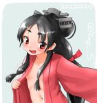  1girl black_hair breasts brown_eyes commentary_request dated grey_background hair_tie headgear high_ponytail kantai_collection long_hair looking_at_viewer multi-tied_hair nisshin_(kancolle) one-hour_drawing_challenge open_clothes pink_robe ray.s red_ribbon ribbon short_eyebrows small_breasts smile solo thick_eyebrows twitter_username upper_body very_long_hair 