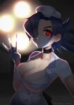  1girl absurdres blue_hair breasts eyepatch hat highres looking_at_viewer mask nurse nurse_cap red_eyes rolleta_sousa skullgirls smile solo standing twitter_username valentine_(skullgirls) watermark 