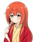  1girl bangs brown_eyes buratei_marii closed_fan closed_mouth commentary_request eyebrows_visible_through_hair folding_fan hand_fan hand_up holding holding_fan japanese_clothes joshiraku kimono long_hair looking_at_viewer orange_hair simple_background smile solo upper_body white_background yellow_kimono yuu_kurema 