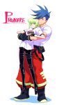 2boys 302 black_gloves blue_eyes blue_hair boots copyright_name galo_thymos gloves green_hair height_difference highres hug hug_from_behind leather leather_pants lifting_person lio_fotia male_focus multiple_boys pants promare purple_eyes shirt t-shirt white_shirt 