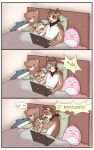 10:16 2022 anthro bed bite border canid canine canis comic computer dialogue digital_media_(artwork) domestic_dog duo english_text furniture hi_res laptop mammal on_bed plushie speech_bubble text under_covers white_border yshanii 