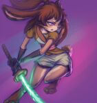  abstract_background anthro asian_clothing clothing domestic_rabbit east_asian_clothing female fighting_pose floppy_ears hair hi_res invalid_tag japanese_clothing lagomorph lepi leporid lightsaber lop_(star_wars_visions) lop_rabbit mammal melee_weapon oryctolagus ponytail pose prisma6 rabbit short_tail solo star_wars star_wars_visions weapon 