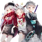  3boys androgynous blush closed_eyes flower long_sleeves looking_at_viewer maplestory multiple_boys original pale_skin purple_eyes red_eyes rose scarf silver_hair smile sorani_(kaeru0768) 