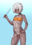  1girl absurdres bare_shoulders blue_background blush breasts cameltoe dark-skinned_female dark_skin ebonyxh food freckles highres navel one-piece_swimsuit open_mouth popsicle punishing:_gray_raven see-through short_hair silver_hair simple_background small_breasts solo sophia_(punishing:_gray_raven) sweat swimsuit yellow_eyes yellow_nails 