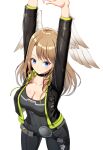  1girl absurdres bangs belt black_bodysuit black_choker black_jacket blue_eyes blue_pupils blush bodysuit breasts brown_hair choker cleavage closed_mouth eunie_(xenoblade) eyebrows_visible_through_hair feathered_wings green_hoodie head_wings highres hood hoodie jacket large_breasts leather leather_jacket long_hair long_sleeves looking_at_viewer okazu2010015 open_clothes open_hoodie open_jacket simple_background smile solo standing thighs white_background white_wings wings xenoblade_chronicles_(series) xenoblade_chronicles_3 